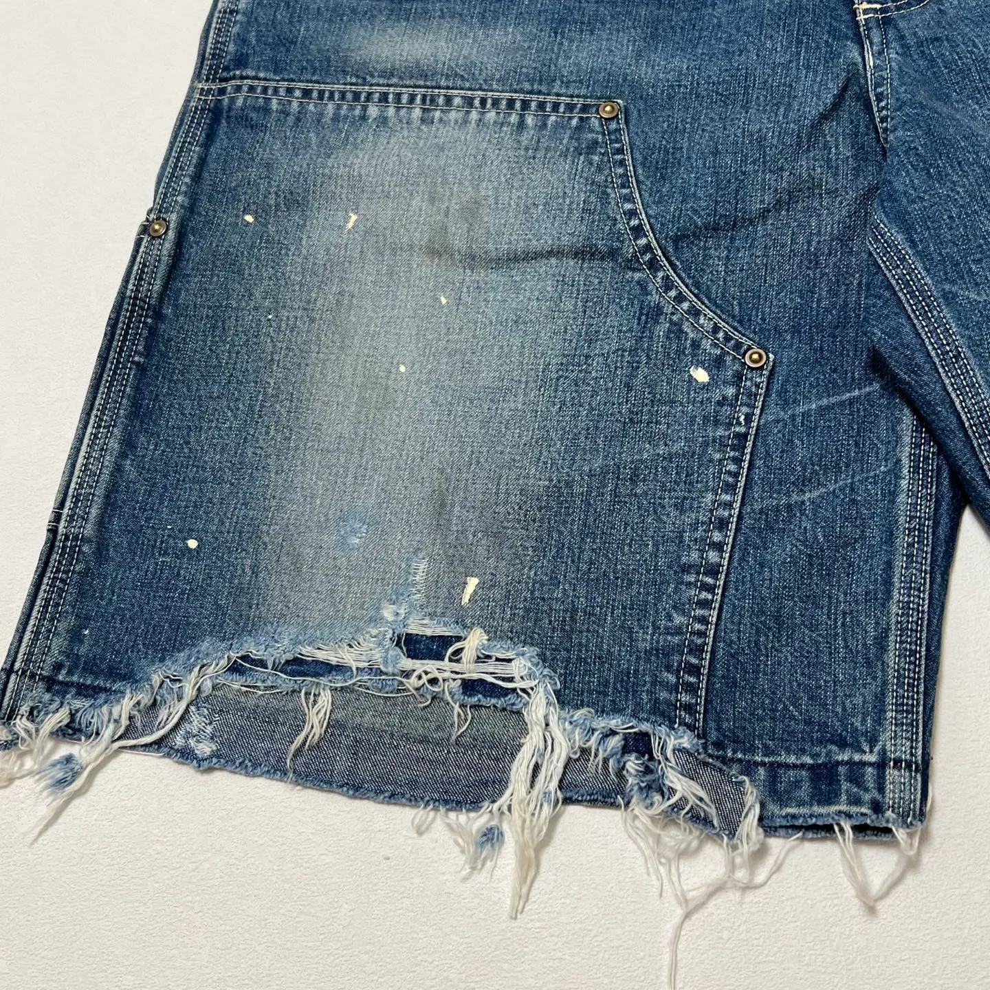 More details/accessories SAINT Mxxxxxx DOUBLE KNEE SHORTS/BLU Knee patches splashed with ink and washed with water to destroy denim shorts Denim blue S-XL